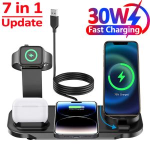 Laders 7 op 1 30W Roteren draadloze lader Standkussen voor iPhone Samsung Xiaomi Apple Watch 8 7 6 AirPods Pro Fast Charging Dock Station