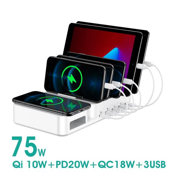 Estación de carga inalámbrica USB de 55W 75W 5port para múltiples dispositivos, con 1 PD 20W USBC Charger para iPhone 13 10W Wireless Charger