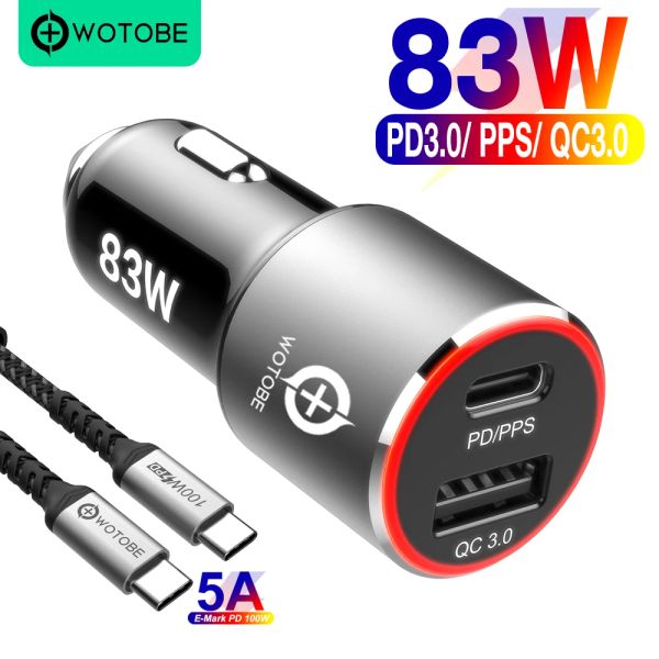 Chargers 83W Car Chargeur, 1Port USB C PPS / PD 65W / 45W / 30W / 18W, 1Port QC3.0 / AFC pour Type C ordinateur iPhone14 11 / SE S10 / S20 / Note 10 XPS 13/15/17