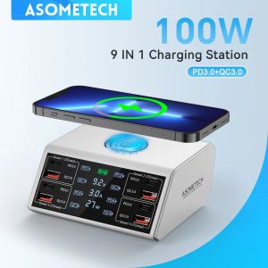 Chargers Asometech 100W USB C Fast Charger Station, 4 QC3.0 + 4 PD3.0 PPS + draadloos opladen, 9 in 1 USB -oplader voor Samsung iPhone iPad