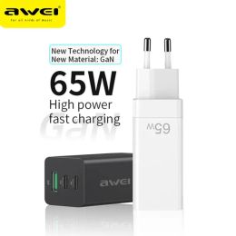 Chargers awei pd9 65w Gan Charger Quick Charger 3 Port Typec USB PD Fast Charger Charge Adaptateur d'alimentation pour iPhone 12 Xiaomi ordinateur portable