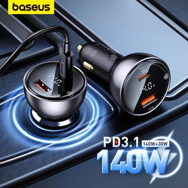 Chargeurs Chargeur de voiture Baseus 140w Pd3.1 Charge rapide Qc3.0 Charge rapide pour livre Pro ordinateur portable USB Type C chargeur de téléphone de voiture pour Iphone