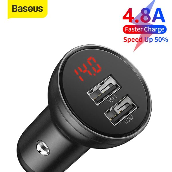 Chargers Baseus 24W USB Car Chargeur Téléphone Chargement Metal Digital Affichage 4.8A Cigarette de voiture pour iPhone 14 13 12 Charger rapide