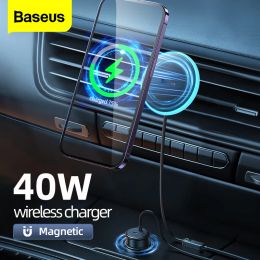 Chargers Baseus 40W Magnetische draadloze lader auto telefoonhouder stand inductie inductie snel opladen USB C autolader voor iPhone 14 13 12 Pro