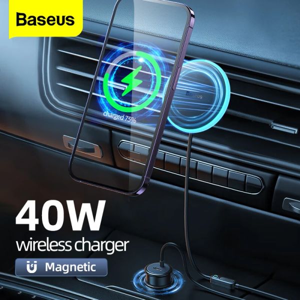 Chargers BaseUS 40W Chargeur sans fil magnétique du support de téléphone Carte de téléphone Induction rapide Charge USB C Charger de voiture pour iPhone 14 13 12 Pro