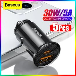 Chargers Baseus 5pcs USB autolader Quick Charge QC4.0 QC3.0 PD3.0 SCP PPS 5A Type C 30W snelle USB -lader voor iPhone Xiaomi Mobiele telefoon