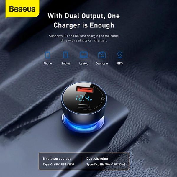 Chargeurs Chargeur de voiture Baseus 65W PPS USB Type C double Port PD QC charge rapide pour ordinateur portable chargeur de téléphone de voiture translucide pour iPhone Samsung