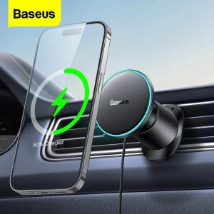 Chargers Baseus Cars Telefoonhouder Wireless Charger Pad voor iPhone 14 13 12 Pro Max Samsung 15W LED Fast Charge magnetische draadloze oplader