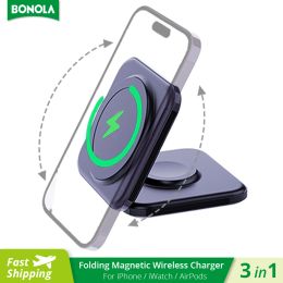 Chargers Bonola 2 en 1 chargeur sans fil portable support pliable pour iPhone 12/13/14/11 Chargeur sans fil magnétique 15W pour iWatch / AirPods