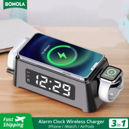 Chargers Bonola 3 in 1 Wireless Charger Stand pour l'iPhone 15Pro / 14/13 Chargeurs sans fil d'horloge numérique pour Apple Watch / AirPods Pro