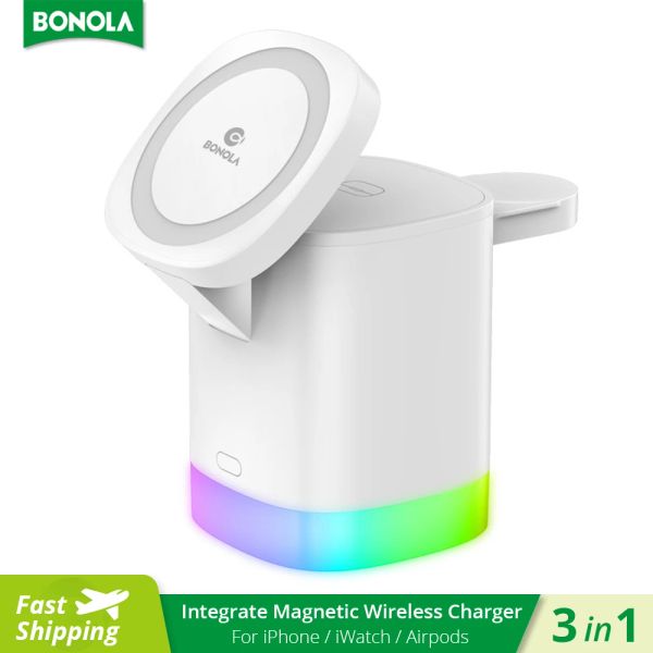 Chargers Bonola 4 en 1 cargador inalámbrico magnético con luz RGB para iPhone 13/13/14 Pro/AirPods Pro/IWatch Integrate Wireless Charging