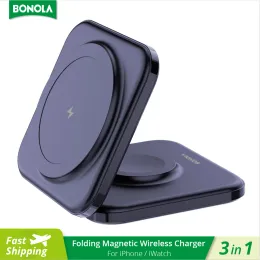 Chargers BONOLA MAGNETINE WIRESS CHARGER 2 In 1 Stand pliable pour IWatch Ultra / 8/7/6 15W Charge sans fil rapide pour iPhone 14 Pro / 13/12