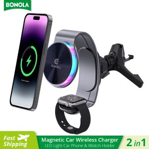 Chargers Bonola Metal Magnetic Car Wireless Charger 2 In 1 Mount voor iPhone 14/13/12 draadloze auto opladen met LED -licht voor Apple Watch