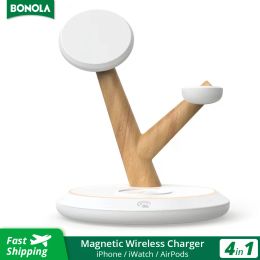 Chargers Bonola Wood Magnetic Wireless Charger 4 in 1 Stand voor iPhone 15Pro 13 14 MacSafe draadloze laders voor Apple Watch/AirPods Pro