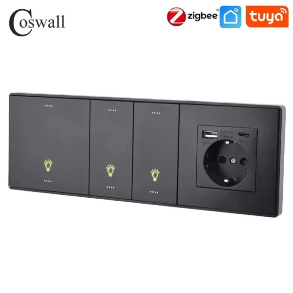 Chargers Coswall Black Matt PC Panneau Zigbee 3.0 ONT / OFF STRITCH SCÈNE STRACY YANDEX, NORMAL SOCKET USB CHARGER TV TV RJ45 Modules DIY