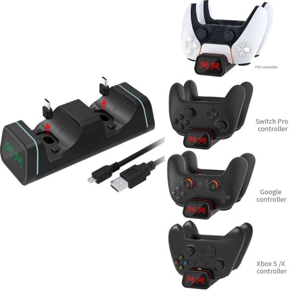 Cargadores Base de soporte de estación de carga de puerto dual para PS5, Xbox Series S/X, Nintendo Switch Pro, cargador LED con controlador de Google