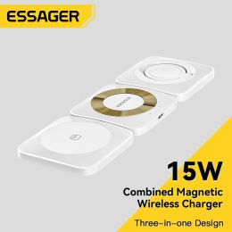 Chargers Essager 3 en 1 Magnetic 15W Wireless Charger Stand Estación de muelle de carga rápida para iPhone14 13 12 Pro Max Apple Watch 8 7 AirPods