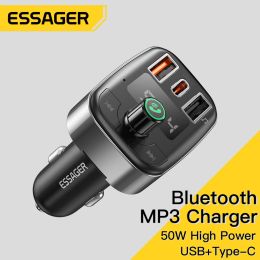 Chargers Essager 50W USB Car Chargeur Bluetooth 5.0 FM TRANSERTER HEURESS FREE CAR Kit pour iPhone 14 Double chargeur rapide USB Chargeur