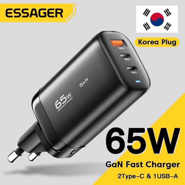 Chargers Essager 65W Korea Plug USB Type C Gan Charger pour ordinateur portable PD FACT FACT POUR IPHONE 14 13 12 Pro MacBook Samsung Charge Adaptateur