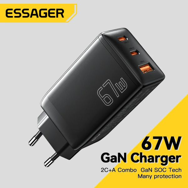 Chargers Essager 67W GAN USB Type C Charger pour ordinateur portable 45W 25W PD QC 3.0 Fonde rapide pour MacBook Xiaomi Samsung iPhone14 13 Chagers de téléphone