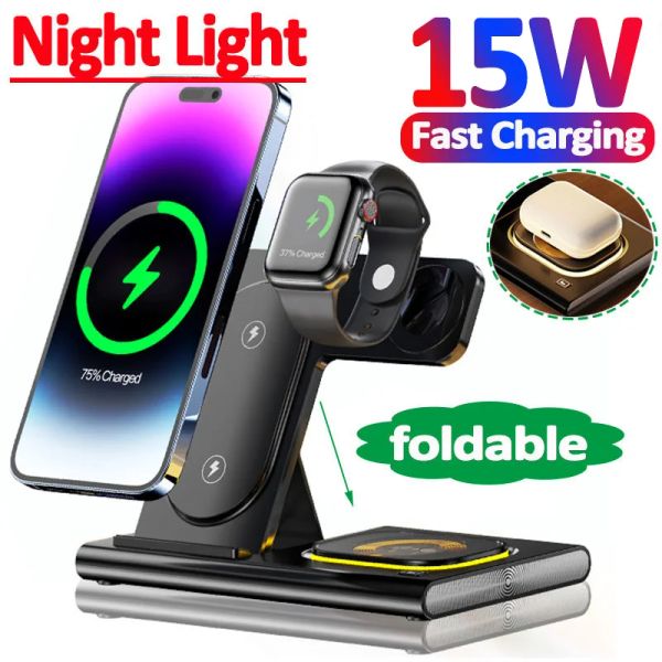 Chargers Poldable Fast Wireless Charger Stand pour iPhone 14 13 12 Pro Max 11 Apple Watch 8 7 6 AirPods 3 en 1 Station de quai de charge