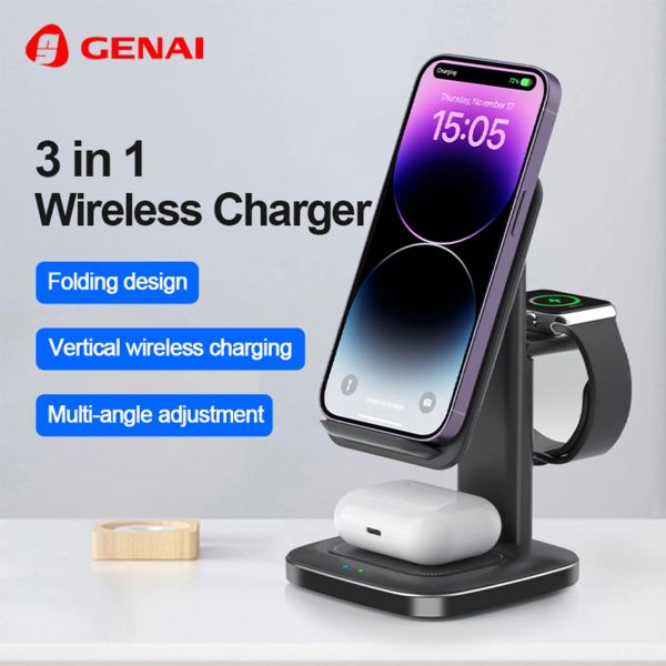 Chargers Genai Wireless Charging Station Wireless Charger Stand 3 in 1 pour iPhone15/14/13/12/11 Series pour IWatch9 / 8/7/6/5/4/3/2/1 Earbud