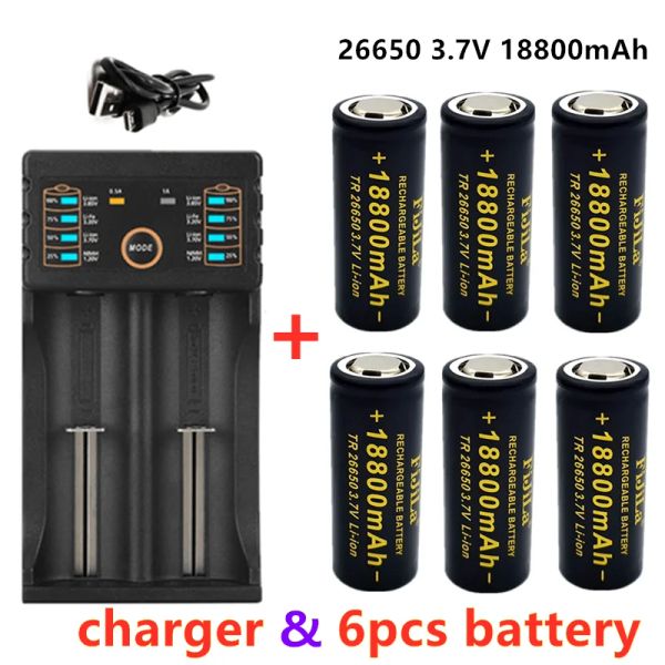 Chargers Haute capacité 26650 Batterie rechargeable 18800mAh 3.7V 50A pour lampe de poche LED avec chargeur