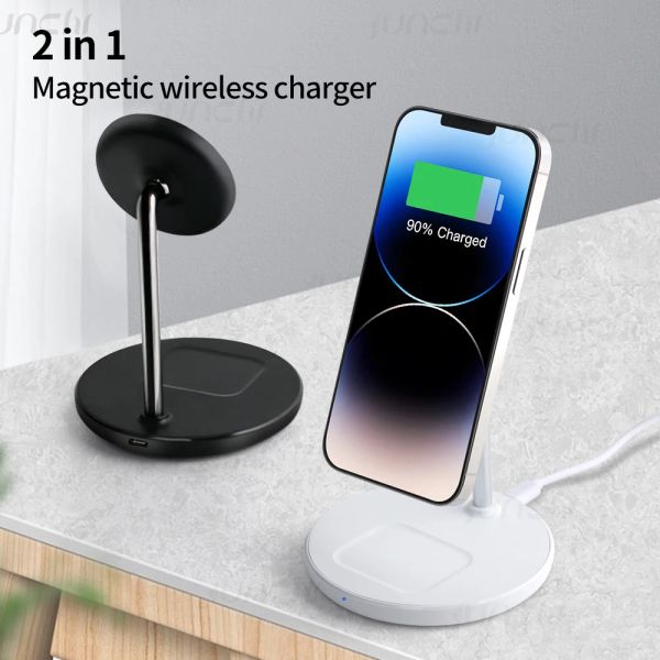 Chargers Junchi Magnetic Wireless Charger Stand 18W 2 in 1 Magcafe Charging Stand pour iPhone 15 14 Pro iPhone 13 12 AirPods Fast Charger