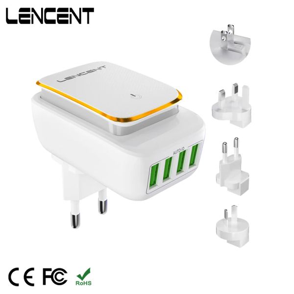 Chargers Lencents 4 USB Wall Charger avec LED Touch Night Light Adaptateur de voyage international pour US UK UK EU AUS PLIG MULTI PORT CHARGER