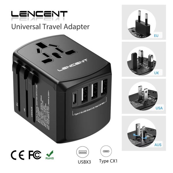 Chargers Lencent Universal Travel Adapter Allinone Travel Charger avec 3 ports USB et 1 Charger mural de type C pour US EU UK AUS Travel