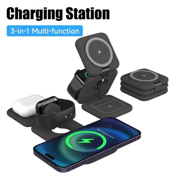 Chargers Matte pliable 3 en 1 magnétique pour l'iPhone 15 14 Station de chargeur sans fil pour Apple Watch S9 Porte-dock de chargement de charge rapide
