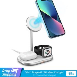 Chargers Metal 3 in 1 Station de charge sans fil magnétique pour iPhone 12 13 Porte-téléphonie 15W Chargeur sans fil rapide pour Apple Watch Airpod 3