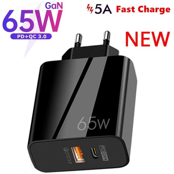 Chargers New Super Charge USB Type C Cable QC3.0 65W PD Fast Charger pour Samsung iPhone Xiaomi Huawei Universal US / EU / UK Quick Charger