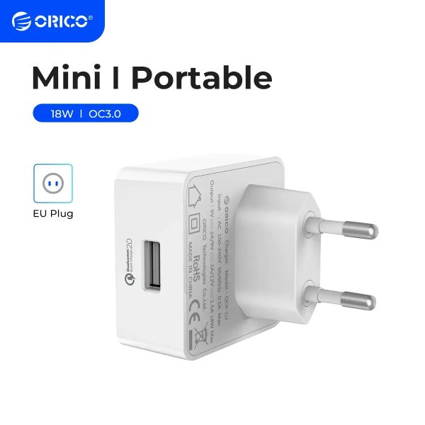 Chargers Orico QC2.0 / QC3.0 18W Chargeur rapide USB Mur Chargeur Adaptateur de voyage pour iPhone Samsung Xiaomi Huawei avec câble micro USB