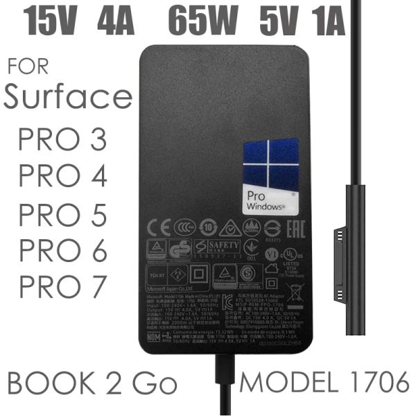 Chargers Original Nouveau 15V 4A 65W pour Microsoft Surface Book Pro3 Pro4 Pro 5 Pro 6 Pro7 Adaptateur de puissance 1706 Chargeur Frappe Fast With 5V 1A