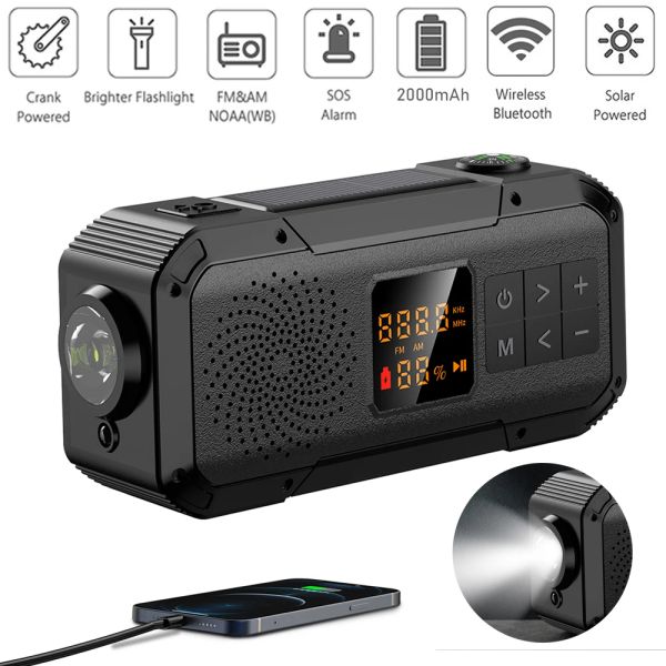 Cargadores al aire libre Camping Radio de emergencia Solar Hand Crank Dynamo Radio BT5.0/FM/AM/NOAA 2000MAH Teléfono Charger Power Bank Linterna SOS