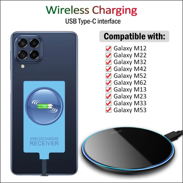 Chargers Qi Récepteur de charge sans fil pour Samsung Galaxy M12 M32 M42 M52 M13 M23 M33 M53 M14 M34 M54 Chargeur sans fil + Adaptateur Typec