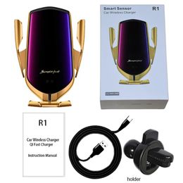 Cargadores R1 10W Cargador inalámbrico para automóvil Soporte para teléfono con sujeción automática Soporte para cargador Qi de inducción para iPhone 8 x 11 12 Samsung S9 S10 Univer