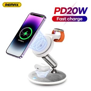 Laders Remax 3 In 1 magnetische draadloze 15W Charger Stand voor iPhone 14 13 12 Pro AirPods Telefoon Fast Charge Dock Station voor Apple Watch