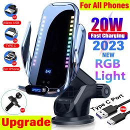 Chargers RGB Car Telefoonhouder 20W Wireless Charger voor iPhone 11 12 13 14 15 Pro Xiaomi Samsung Vents Dashboard Bracket draadloos opladen
