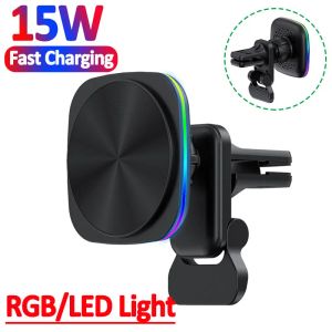 Chargers RVB LED Light Magnetic Car Chargeur sans fil 15W Porte-téléphone Air Vent pour iPhone 14 13 12 Pro Max MacSafe Fast Charging Station