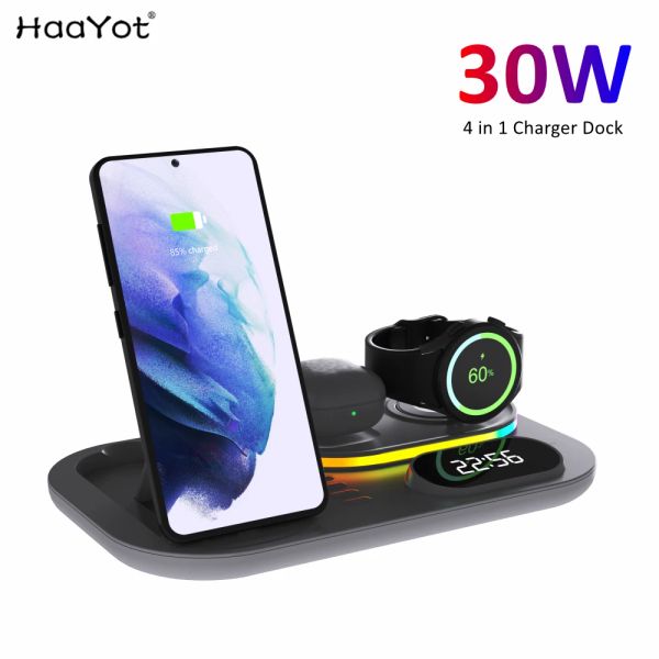 Chargers RGB Wireless Charger Dock 4 in 1 Station de charge pour Apple Airpods iPhone 13 14 15 Galaxy S23 Ultra Galaxy Watch 6 5 4 3 Buds
