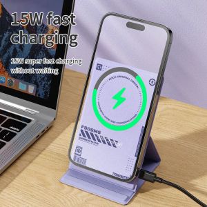 Chargers Rock 15W Magnetische draadloze oplader voor iPhone 15 14 13 12 11 Pro X XS Max XR Foldable Premium Leather Fast Charging Dock Station
