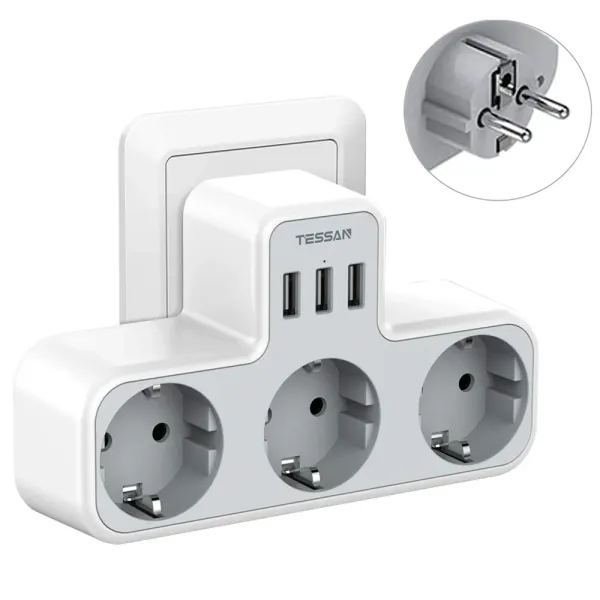 Cargadores Tessan European Plug Power Strip con 3 puertos USB 3 Slots de la UE Slots múltiples Etuendes Extendiente Adaptador de pared de la pared Tipo de enchufe E/F