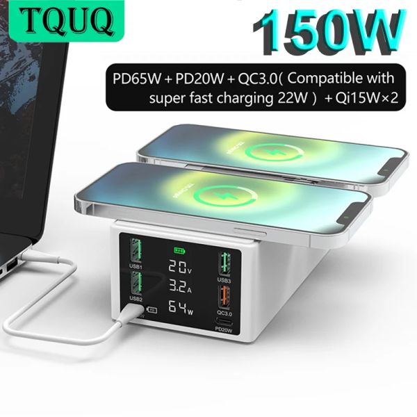 Chargers TQUQ 150W 6 Ports Desktop USB Estación de carga USB con pantalla LCD, QC 3.0 USB C Cargador Hub Cargador inalámbrico para computadoras portátiles, teléfonos