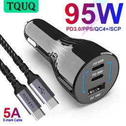 Chargers TQUQ 95W 3Port USB C Autolader, Super snel opladen PPS PD 65W/45W/30W/20W QC4+ 18W voor Xiaomi Laptop iPhone12 Samsung Galaxy