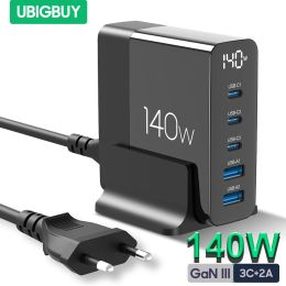 Chargers Ubigbuy 140W 5port Station de charge rapide, GAN III USBC PD 100W Type C QC4.0 Chargeur rapide avec écran LCD pour les ordinateurs portables téléphones