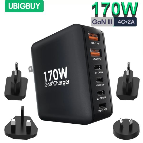 Chargers Ubigbuy 170W USB C Fast Charger, Gan 6 in 1 PD 100W PPS45W Station de charge pour MacBook Pro ordinateur iPhone 14 13 Galaxy S23 / 22/21