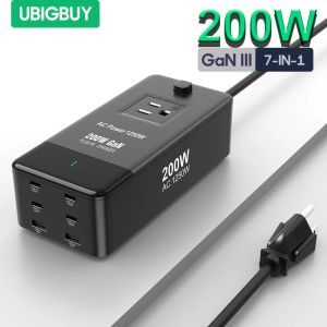 Chargers Ubigbuy 200W Gan3 Desktop Charger Power Strip 100W USB C Estación de carga rápida para iPhone 14 13 12 Pro Max Xiaomi Samsung Laptop