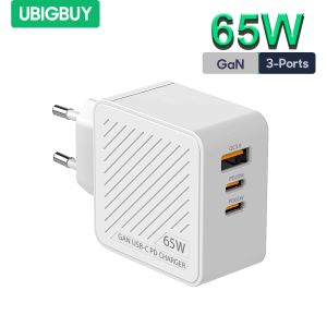 Chargers UbigBUY 65W Charger rapide 3 ports USB C Gan Charger pour iPhone 15/14/13/12 / Pro Max / 11 / XR / XS Samsung S22 + MacBook Pro Pixel pour ordinateur portable